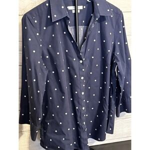 Foxcroft NYC Women's Blouse Size 16 Navy Blue White Polka Dot 100% Cotton